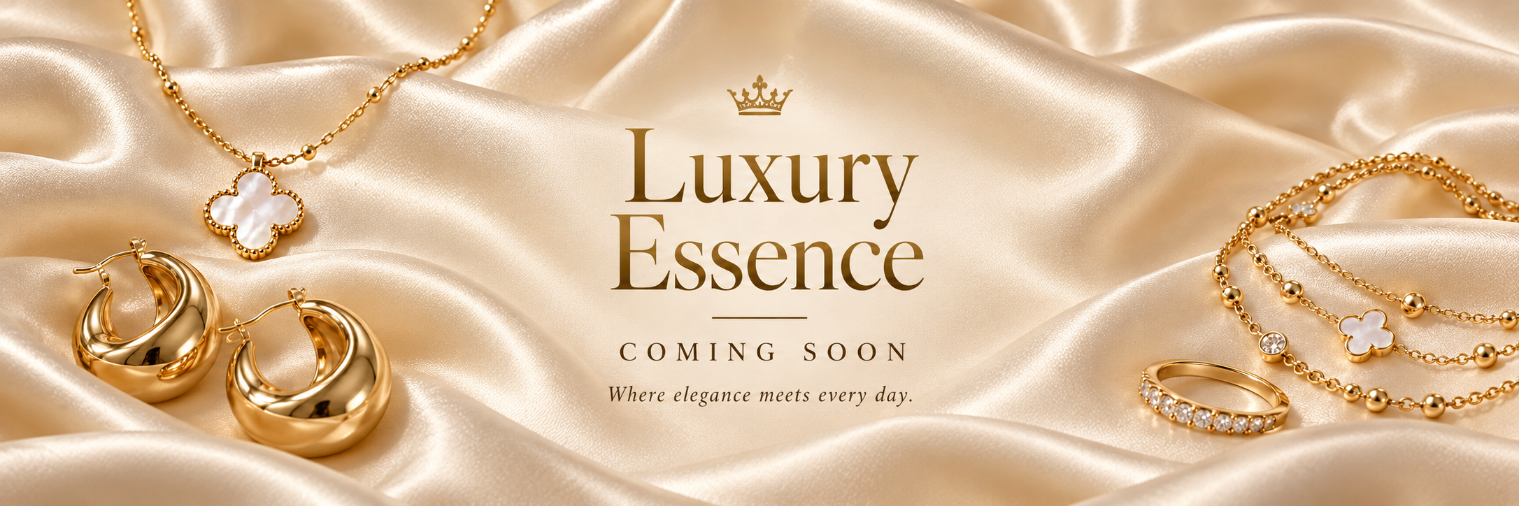 Luxury Essence — Coming Soon. Where elegance meets every day. Gold jewelry on ivory satin.